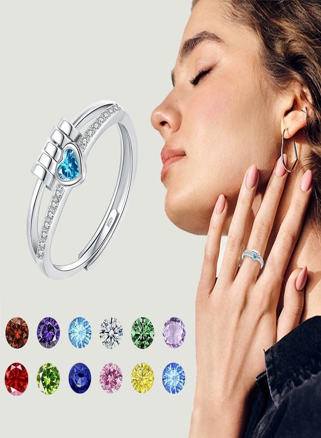 HEEYA Birthstone Rings for Women,Dainty Sterling Silver Plated Fidget Rings,Blue Anxiety Heart Ring,Adjustable Spinner Birthstone Ring for Women,March Birthday Christmas Gifts for Wife Daughter Sister - Image 5